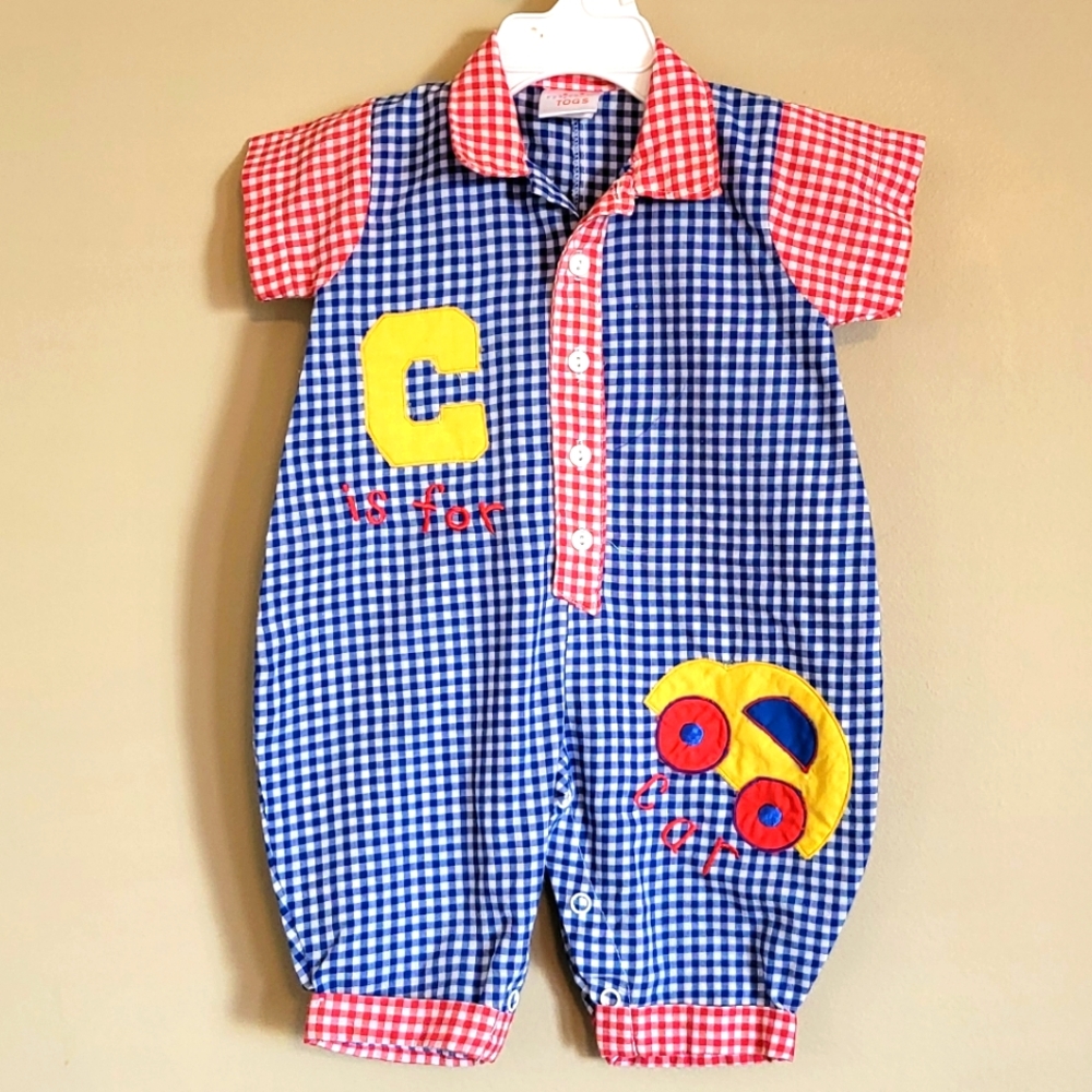 Vintage blue/red light cotton gingham romper